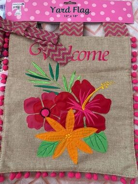 Floral 'Welcome' Burlap Yard Flag with Pink Pom Trim